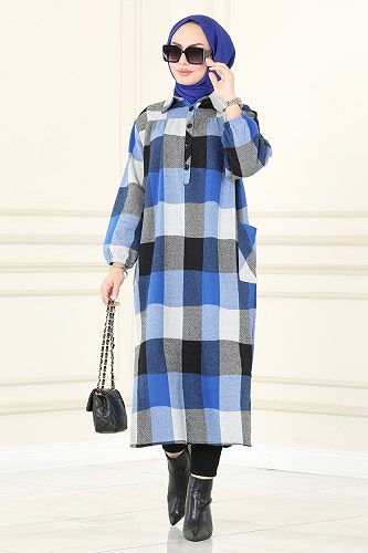 moda selvim Cep Detaylı Ekose Tunik 8230BRZ597 İndigo - Thumbnail