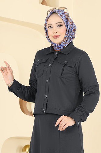 moda selvim Cep Detaylı Elbiseli Takım 24017UKB139 Antrasit - Thumbnail