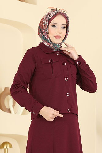 moda selvim Cep Detaylı Elbiseli Takım 24017UKB139 Bordo - Thumbnail