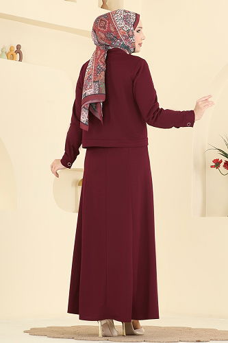 moda selvim Cep Detaylı Elbiseli Takım 24017UKB139 Bordo - Thumbnail