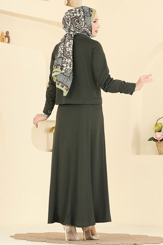 moda selvim Cep Detaylı Elbiseli Takım 24017UKB139 Haki - Thumbnail