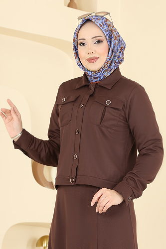 moda selvim Cep Detaylı Elbiseli Takım 24017UKB139 Kahve - Thumbnail
