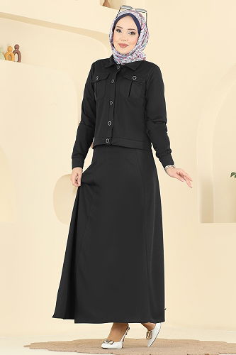 moda selvim Cep Detaylı Elbiseli Takım 24017UKB139 Siyah - Thumbnail