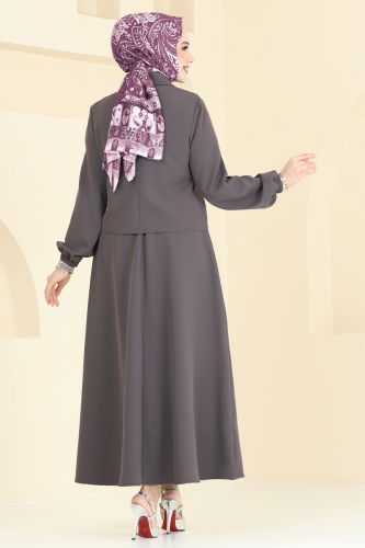 moda selvim Cep Detaylı Etekli Takım 23005UKB139 Füme - Thumbnail