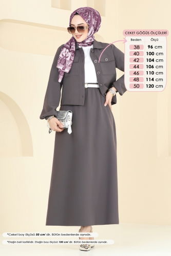 moda selvim Cep Detaylı Etekli Takım 23005UKB139 Füme - Thumbnail