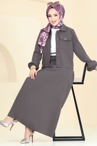 moda selvim Cep Detaylı Etekli Takım 23005UKB139 Füme - Thumbnail
