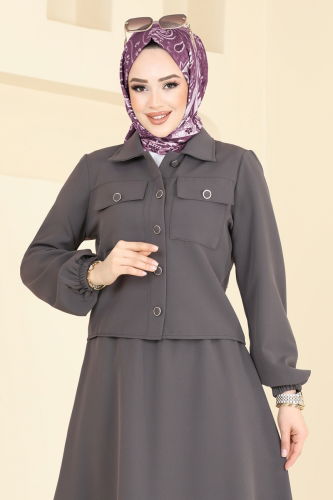 moda selvim Cep Detaylı Etekli Takım 23005UKB139 Füme - Thumbnail