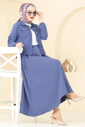 moda selvim Cep Detaylı Etekli Takım 23005UKB139 İndigo - Thumbnail