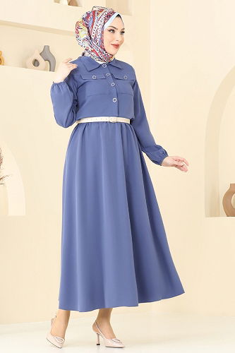 moda selvim Cep Detaylı Etekli Takım 23005UKB139 İndigo - Thumbnail