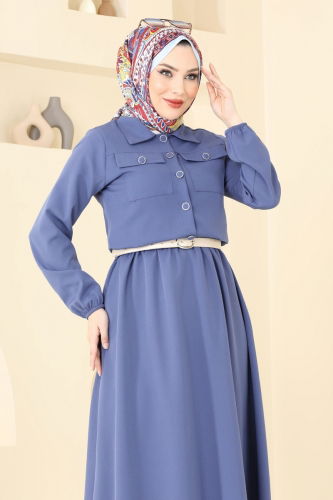 moda selvim Cep Detaylı Etekli Takım 23005UKB139 İndigo - Thumbnail