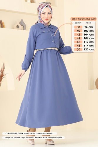 moda selvim Cep Detaylı Etekli Takım 23005UKB139 İndigo - Thumbnail