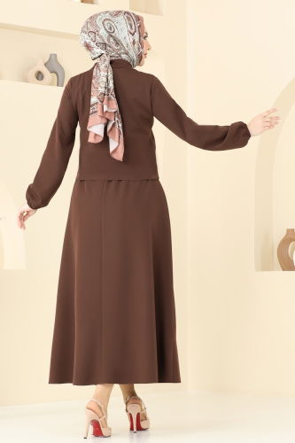 moda selvim Cep Detaylı Etekli Takım 23005UKB139 Kahve - Thumbnail