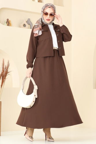 moda selvim Cep Detaylı Etekli Takım 23005UKB139 Kahve - Thumbnail