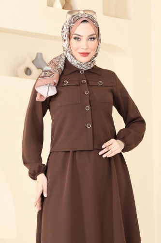 moda selvim Cep Detaylı Etekli Takım 23005UKB139 Kahve - Thumbnail