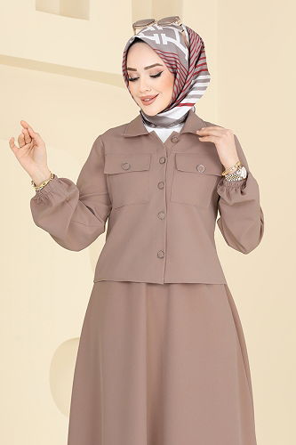 moda selvim Cep Detaylı Etekli Takım 23005UKB139 Koyu Vizyon - Thumbnail