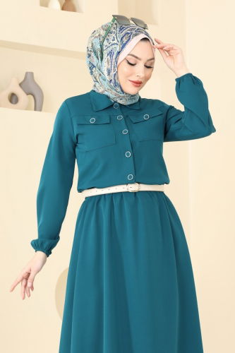 moda selvim Cep Detaylı Etekli Takım 23005UKB139 Petrol - Thumbnail
