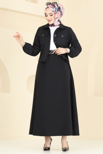 moda selvim Cep Detaylı Etekli Takım 23005UKB139 Siyah - Thumbnail