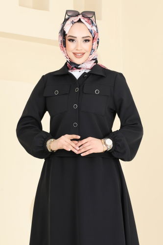 moda selvim Cep Detaylı Etekli Takım 23005UKB139 Siyah - Thumbnail