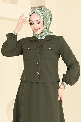 moda selvim Cep Detaylı Etekli Takım 2601SL432 Açık Haki - Thumbnail