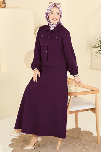 moda selvim Cep Detaylı Etekli Takım 2601SL432 Açık Mürdüm - Thumbnail