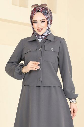 moda selvim Cep Detaylı Etekli Takım 2601SL432 Antrasit - Thumbnail