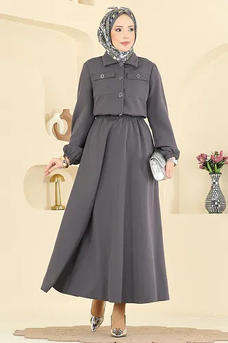 moda selvim Cep Detaylı Etekli Takım 2601SL432 Antrasit - Thumbnail