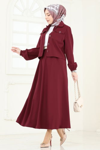 moda selvim Cep Detaylı Etekli Takım 2601SL432 Bordo - Thumbnail