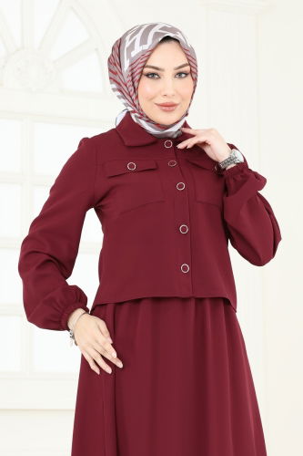 moda selvim Cep Detaylı Etekli Takım 2601SL432 Bordo - Thumbnail