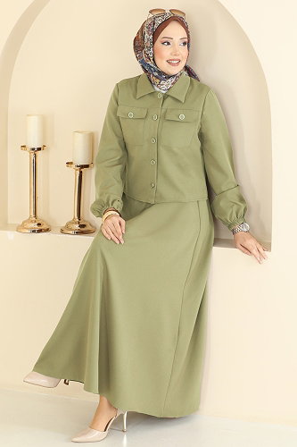 moda selvim Cep Detaylı Etekli Takım 2601SL432 Çağla - Thumbnail