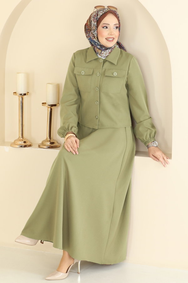 Modaselvim Kombin Cep Detaylı Etekli Takım 2601SL432 Çağla