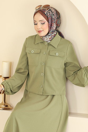 moda selvim Cep Detaylı Etekli Takım 2601SL432 Çağla - Thumbnail