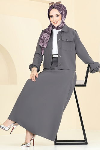 moda selvim Cep Detaylı Etekli Takım 2601SL432 Gri - Thumbnail