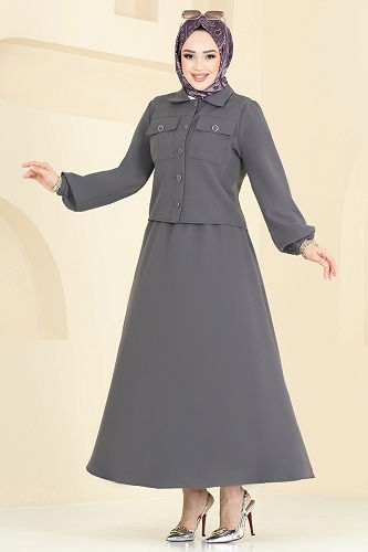 moda selvim Cep Detaylı Etekli Takım 2601SL432 Gri - Thumbnail