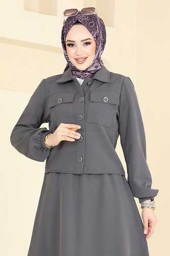moda selvim Cep Detaylı Etekli Takım 2601SL432 Gri - Thumbnail