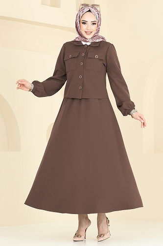 moda selvim Cep Detaylı Etekli Takım 2601SL432 Kahve - Thumbnail