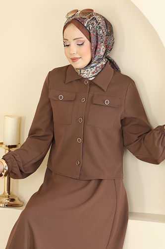 moda selvim Cep Detaylı Etekli Takım 2601SL432 Kahve - Thumbnail