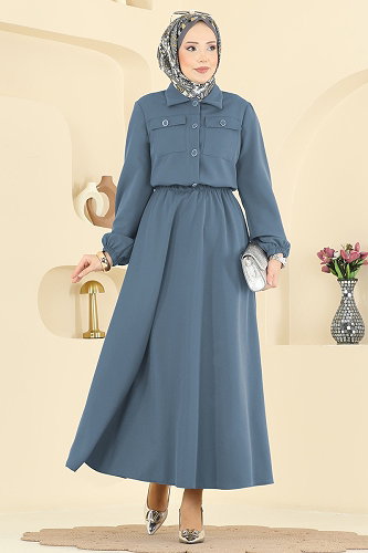 moda selvim Cep Detaylı Etekli Takım 2601SL432 Mavi - Thumbnail