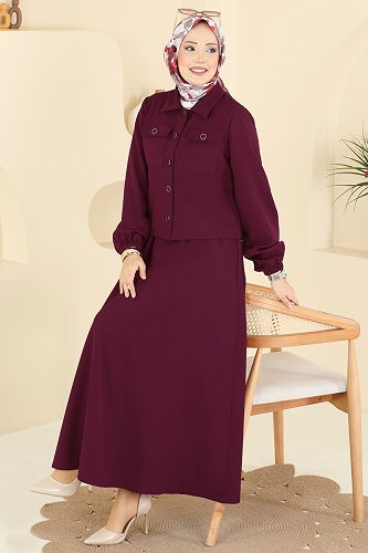 moda selvim Cep Detaylı Etekli Takım 2601SL432 Mürdüm - Thumbnail