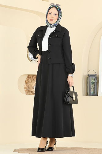 moda selvim Cep Detaylı Etekli Takım 2601SL432 Siyah - Thumbnail