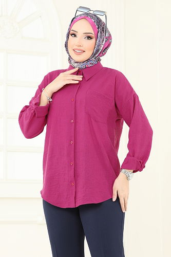 moda selvim Cep Detaylı Gömlek 0710OZT1013 Fuşya - Thumbnail