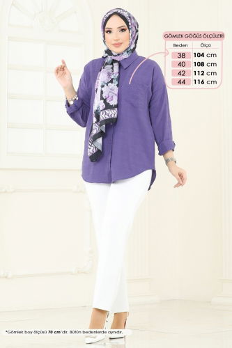 moda selvim Cep Detaylı Gömlek 0710OZT1013 Mor - Thumbnail