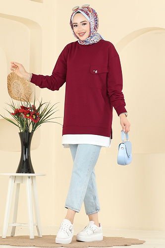 moda selvim Cep Detaylı İki İp Tunik 2769AYD574 Bordo - Thumbnail