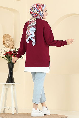 moda selvim Cep Detaylı İki İp Tunik 2769AYD574 Bordo - Thumbnail