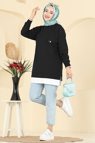 moda selvim Cep Detaylı İki İp Tunik 2769AYD574 Siyah - Thumbnail