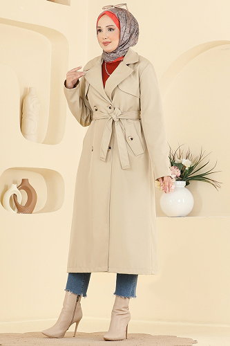 moda selvim Cep Detaylı Kemerli Trençkot 2633MSA980 Taş - Thumbnail