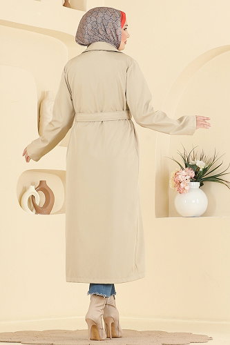 moda selvim Cep Detaylı Kemerli Trençkot 2633MSA980 Taş - Thumbnail