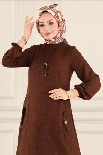 moda selvim Cep Detaylı Keten Tunik 5882BSK463 Acı Kahve - Thumbnail