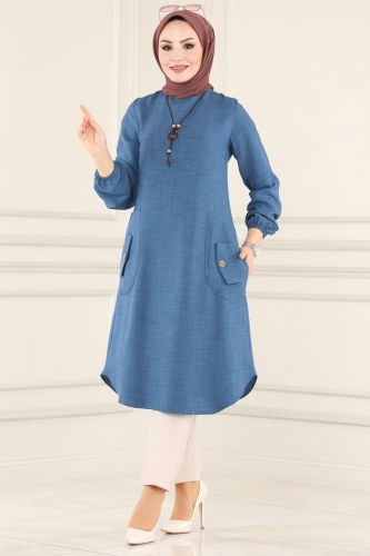 moda selvim Cep Detaylı Keten Tunik 5882BSK463 İndigo - Thumbnail