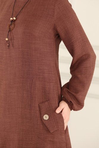 moda selvim Cep Detaylı Keten Tunik 5882BSK463 Kahve - Thumbnail