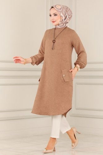 moda selvim Cep Detaylı Keten Tunik 5882BSK463 Latte - Thumbnail